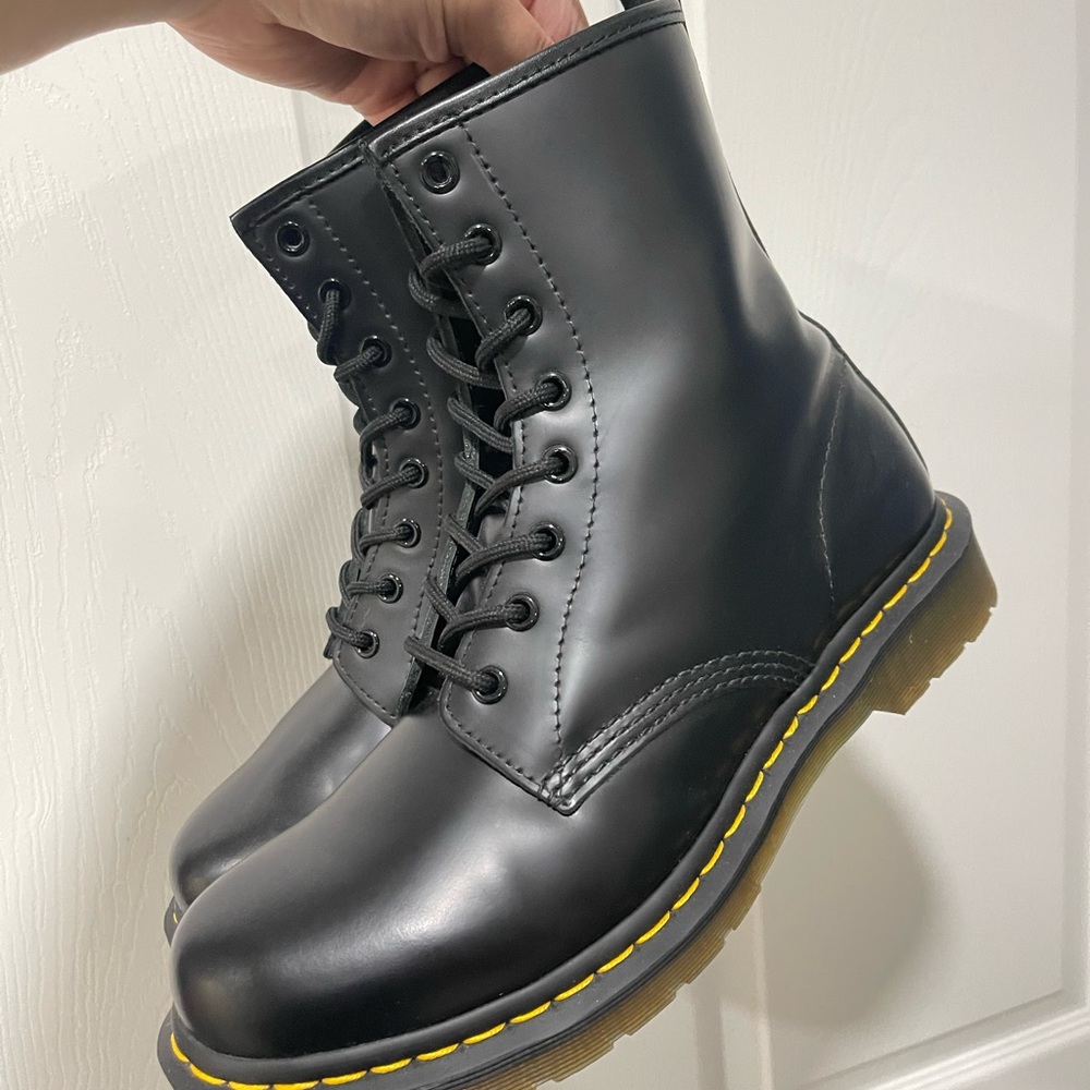 Black Lace-Up Boots with Yellow Stitching
